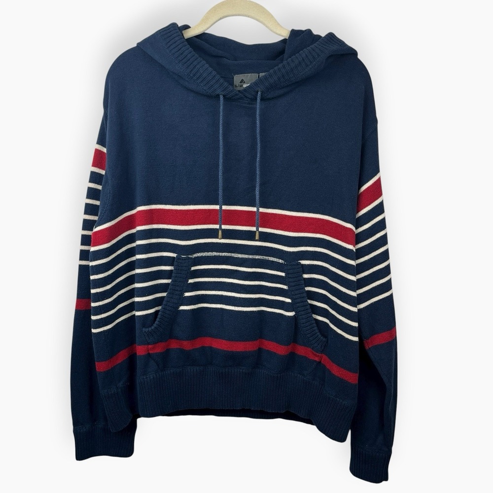 Vintage LizWear Striped Hoodie Sweater Large Navy Blue Red White Liz Claiborne